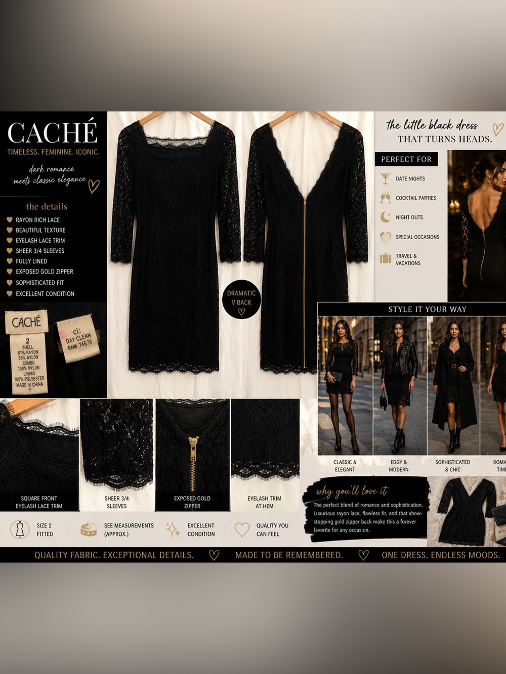VTG Caché Black Rayon Lace Dress 2 Gold Zip Back Sheer Sleeve Cocktail Formal